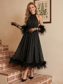 Sequin A Line Halter Long Cocktail Dresses with Feather