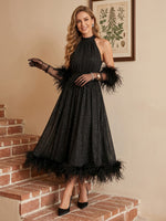 Sequin A Line Halter Long Cocktail Dresses with Feather