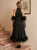 Sequin A Line Halter Long Cocktail Dresses with Feather