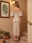 Sequin Mermaid Off Shoulder Long Cocktail Dresses with Slit