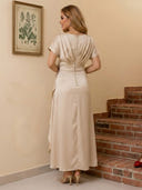 Satin Mermaid Boat Neck Short Sleeves Long Cocktail Dresses with Ruffles