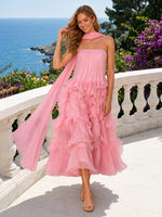 Strapless Ruffled Tiered Scarf Midi Cocktail Dresses