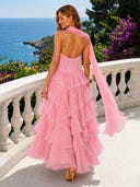 Strapless Ruffled Tiered Scarf Midi Cocktail Dresses
