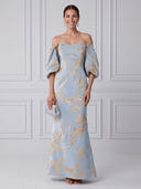 Jacquard Off Shoulder Long Cocktail Dresses with Sleeves