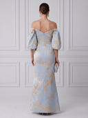 Jacquard Off Shoulder Long Cocktail Dresses with Sleeves
