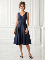 Satin V Neck A Line Sleeveless Midi Cocktail Dresses