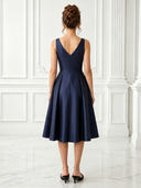 Satin V Neck A Line Sleeveless Midi Cocktail Dresses