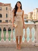 Sequin Square Neck Mermaid Midi Cocktail Dresses