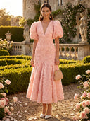 3D Rose Floral V Neck Puff Sleeve Midi Cocktail Dresses
