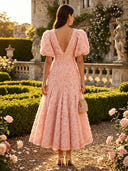 3D Rose Floral V Neck Puff Sleeve Midi Cocktail Dresses