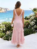 3D Flower Chiffon V Neck Sleeveless Midi Cocktail Dresses