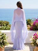 Chiffon Two Piece Set High Neck Cape Sleeve Long Cocktail Dresses