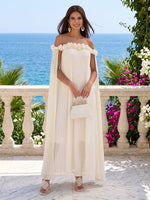 Chiffon Off Shoulder Pleated Midi Cocktail Dresses with Cape Sleeve