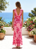 Mesh Floral Embroidery Cowl Neck Mermaid Midi Cocktail Dresses