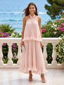 Chiffon Pleated A Line Sleeveless Tiered Midi Cocktail Dresses