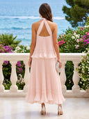 Chiffon Pleated A Line Sleeveless Tiered Midi Cocktail Dresses