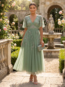 V Neck Flutter Sleeve Beaded A Line Tulle Midi Cocktail Dresses