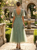 V Neck Flutter Sleeve Beaded A Line Tulle Midi Cocktail Dresses