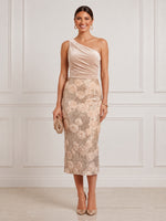 3D Rose Floral Midi Cocktail Dresses Champagne One Shoulder Velvet