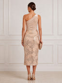 3D Rose Floral Midi Cocktail Dresses Champagne One Shoulder Velvet