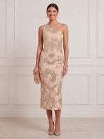 3D Rose Floral Sequin Midi Cocktail Dresses Champagne One Shoulder