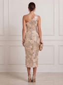 3D Rose Floral Sequin Midi Cocktail Dresses Champagne One Shoulder