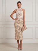 3D Rose Floral Midi Cocktail Dresses Champagne Halter Satin