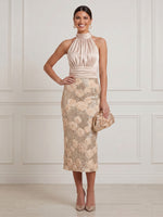 3D Rose Floral Midi Cocktail Dresses Champagne Halter Satin