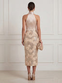 3D Rose Floral Midi Cocktail Dresses Champagne Halter Satin