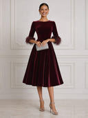 Velvet Midi Cocktail Dresses A Line Burgundy Round Neck 3/4 Sleeves with Feather