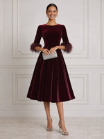 Velvet Midi Cocktail Dresses A Line Burgundy Round Neck 3/4 Sleeves with Feather