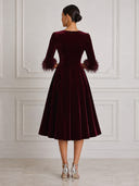 Velvet Midi Cocktail Dresses A Line Burgundy Round Neck 3/4 Sleeves with Feather