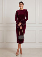 Velvet Midi Cocktail Dresses Mermaid Burgundy Round Neck Long Sleeve with Faux Fur