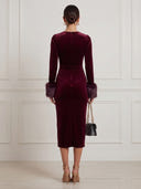 Velvet Midi Cocktail Dresses Mermaid Burgundy Round Neck Long Sleeve with Faux Fur
