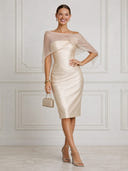 Satin Midi Cocktail Dresses With 3D Flower Mermaid Off The‑Shoulder Sheer Cape Sleeve
