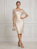 Satin Midi Cocktail Dresses With 3D Flower Mermaid Off The‑Shoulder Sheer Cape Sleeve