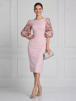 Mermaid Satin Midi Cocktail Dresses 3D Rose Floral Pink Round Neck Puffy Sleeves