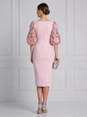 Mermaid Satin Midi Cocktail Dresses 3D Rose Floral Pink Round Neck Puffy Sleeves