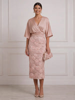 Mermaid Satin Midi Cocktail Dresses 3D Rose Floral Dusty Rose V Neck Half Sleeves