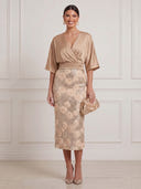Mermaid Satin Midi Cocktail Dresses 3D Rose Floral Dusty Rose V Neck Half Sleeves