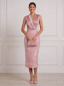 Mermaid Satin Midi Cocktail Dresses 3D Rose Floral Pink V Neck Sleeveless