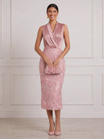Mermaid Satin Midi Cocktail Dresses 3D Rose Floral Pink V Neck Sleeveless
