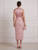 Mermaid Satin Midi Cocktail Dresses 3D Rose Floral Pink V Neck Sleeveless