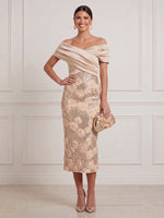 Mermaid Satin Midi Cocktail Dresses 3D Rose Floral Champagne Ruched V Neck Off Shoulder