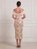 Mermaid Satin Midi Cocktail Dresses 3D Rose Floral Champagne Ruched V Neck Off Shoulder