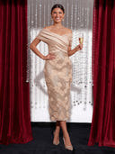 Mermaid Satin Midi Cocktail Dresses 3D Rose Floral Champagne Ruched V Neck Off Shoulder