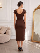 Satin Round Neck Midi Cocktail Dresses Brown Ruched Lace Short Sleeves