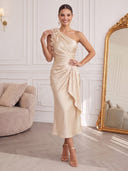 Satin Midi Cocktail Dresses Champagne One Shoulder with 3D Flowers