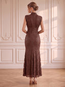 Sequin Lace Brown Cocktail Dresses High Neck Sheath Formal Dress Evening Dress