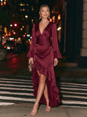 Satin Burgundy Cocktail Dresses V Neck Sheath Hig-Low Formal Dress Evening Dress